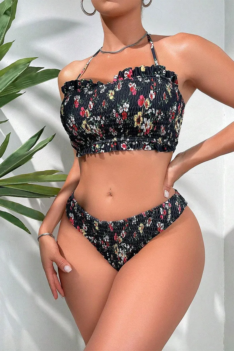 Floral Print Halter Collar Chic Strap Shirred Ruffles Bikini