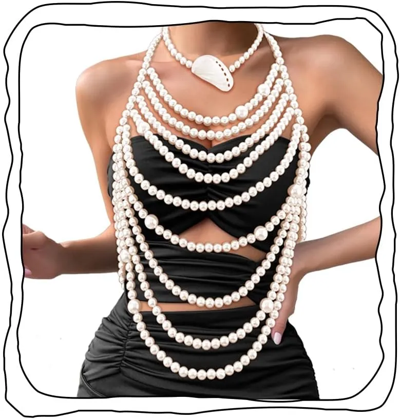 Florry Pearl Body Chain Layered Pearl Bra Fashion Shoulder Necklaces Bra Beach Rave Nightclub Body Chains for Women