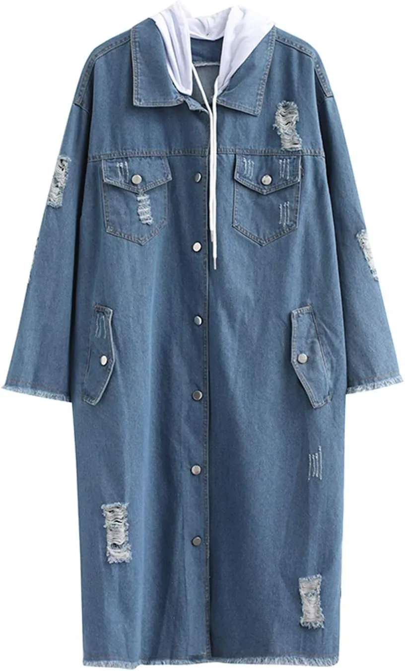 Flygo Women's Distressed Ripped Hooded Long Denim Jean Jacket with Detachable Hood