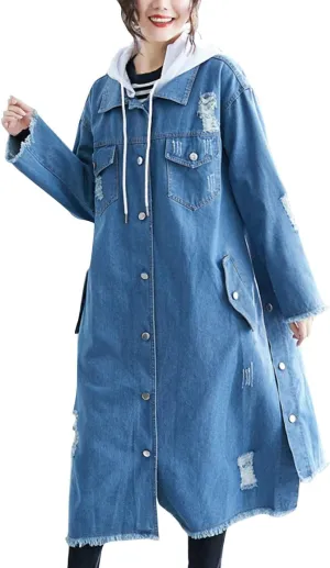 Flygo Women's Distressed Ripped Hooded Long Denim Jean Jacket with Detachable Hood