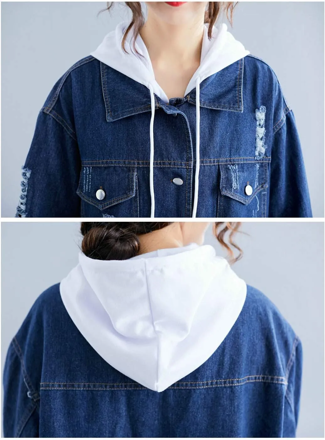 Flygo Women's Distressed Ripped Hooded Long Denim Jean Jacket with Detachable Hood