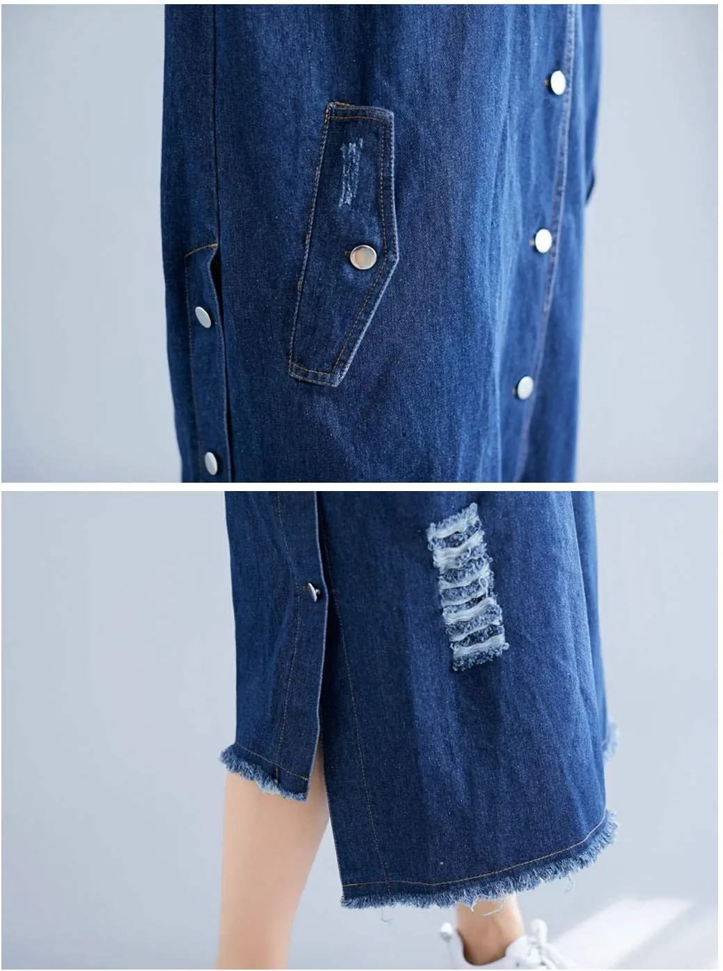 Flygo Women's Distressed Ripped Hooded Long Denim Jean Jacket with Detachable Hood