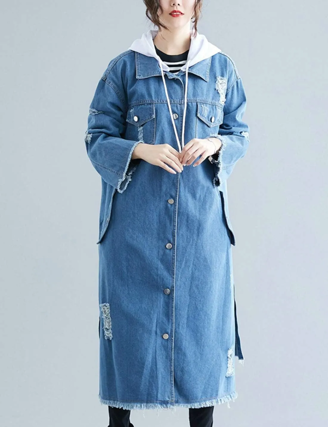 Flygo Women's Distressed Ripped Hooded Long Denim Jean Jacket with Detachable Hood