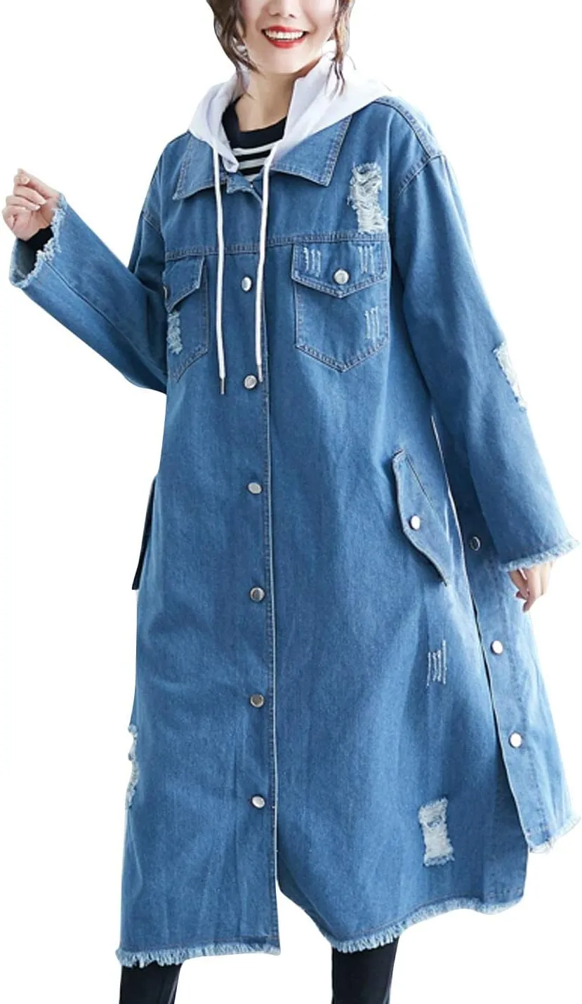 Flygo Women's Distressed Ripped Hooded Long Denim Jean Jacket with Detachable Hood