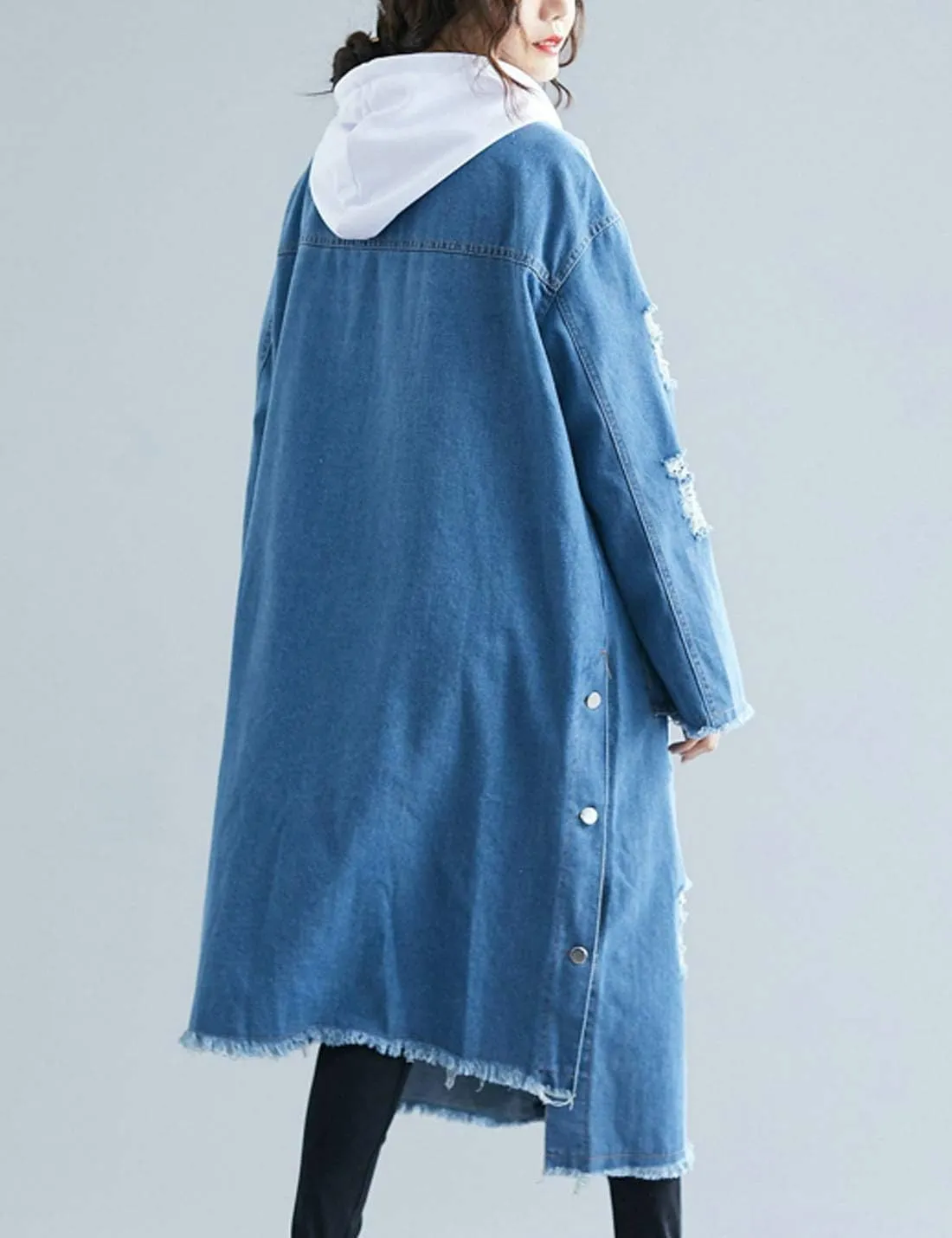 Flygo Women's Distressed Ripped Hooded Long Denim Jean Jacket with Detachable Hood