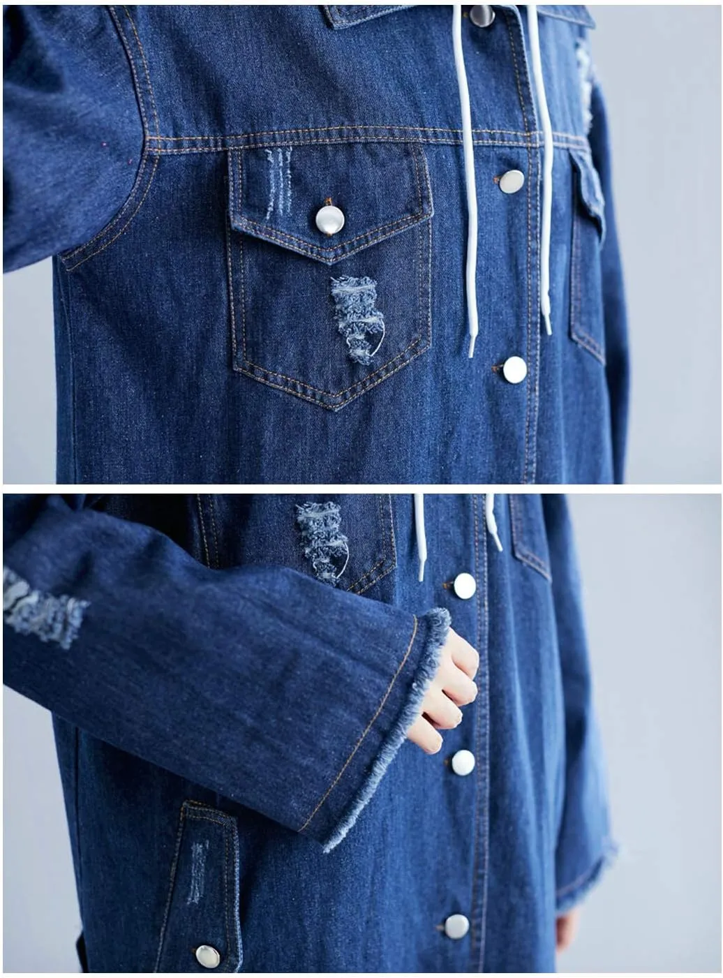 Flygo Women's Distressed Ripped Hooded Long Denim Jean Jacket with Detachable Hood