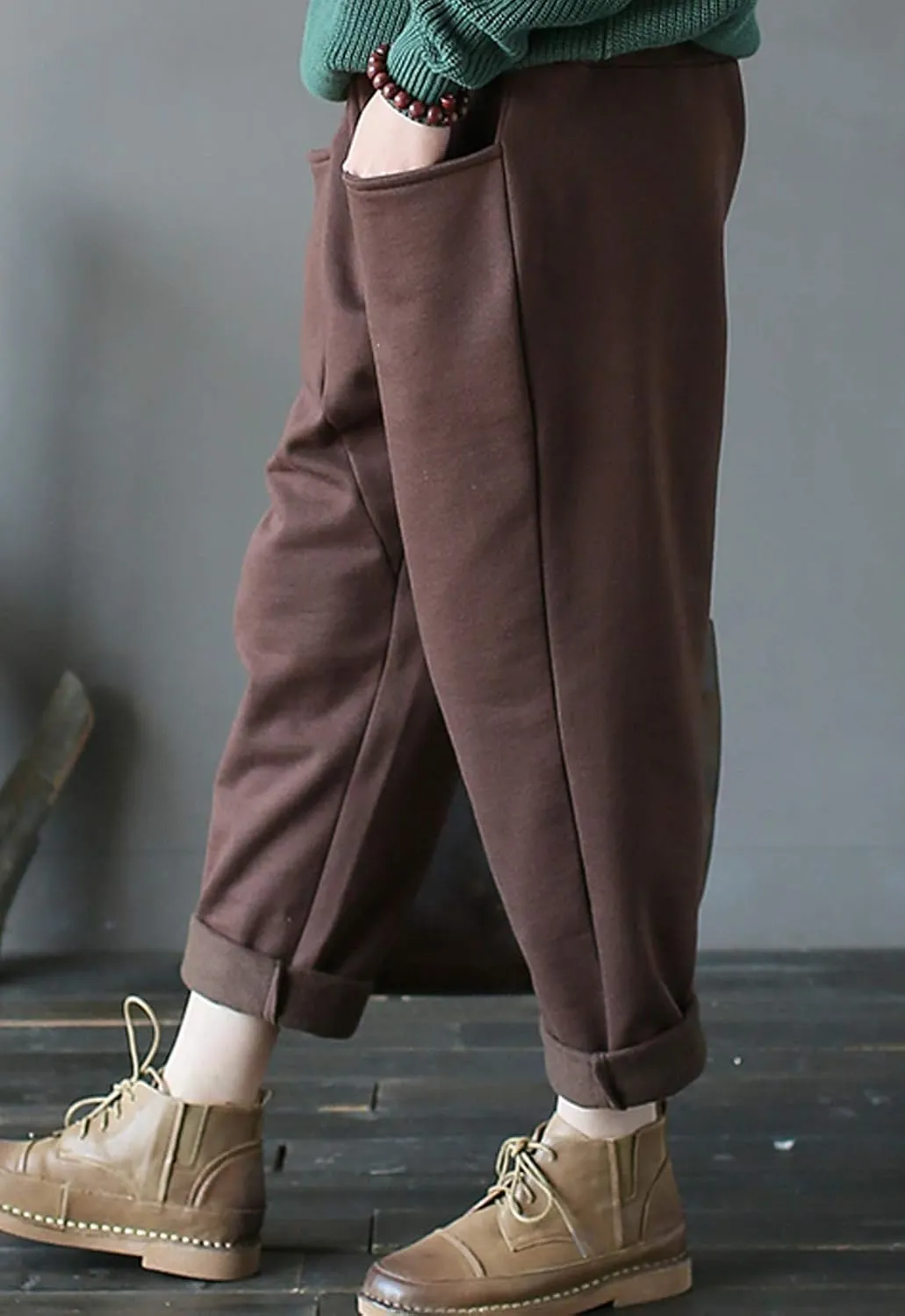 Flygo Womens Retro Casual High Waisted Wide Leg Harem Pants Trousers with Pockets