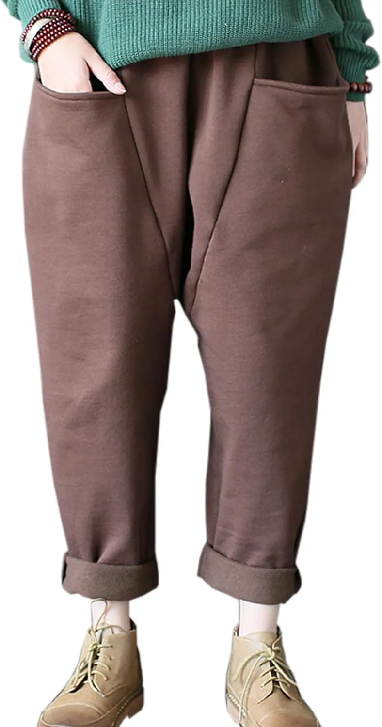 Flygo Womens Retro Casual High Waisted Wide Leg Harem Pants Trousers with Pockets