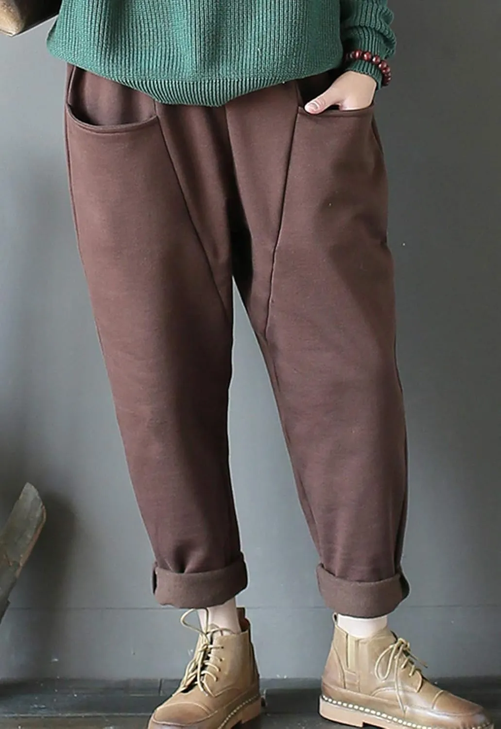 Flygo Womens Retro Casual High Waisted Wide Leg Harem Pants Trousers with Pockets