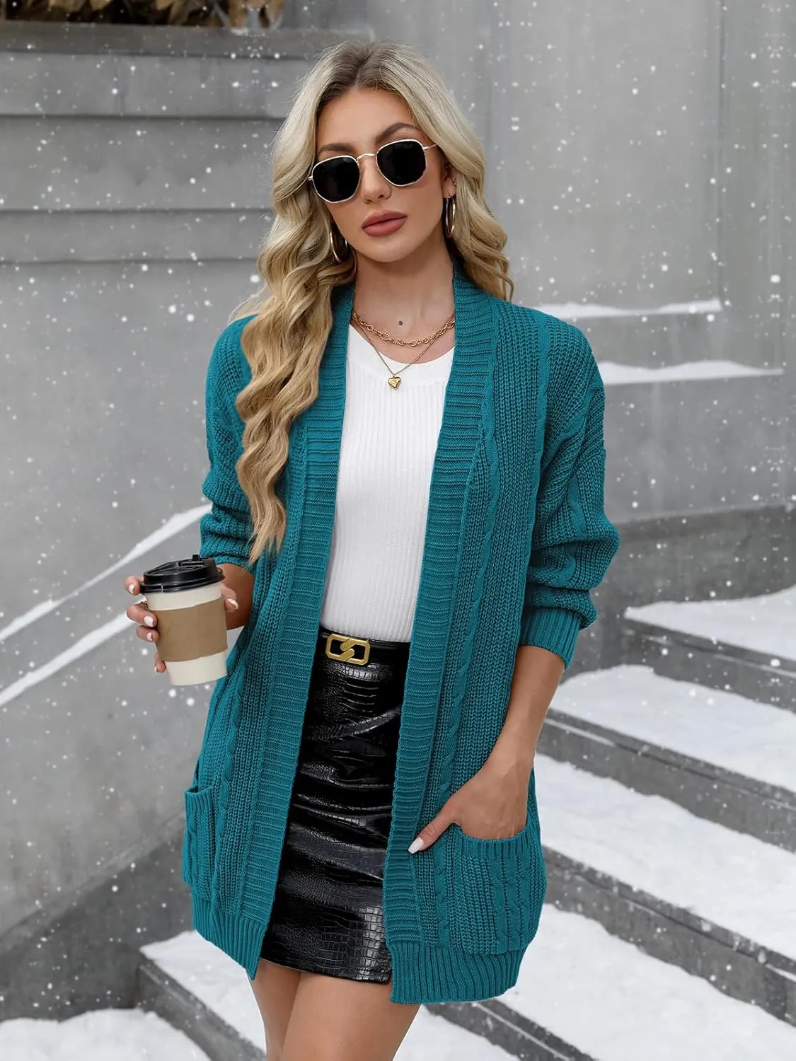 For G and PL Women's V-Neck Long Sleeve Cardigan Cable Knit Open Front with Pockets Sweater Outerwear