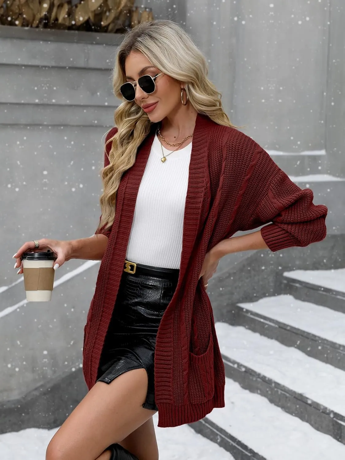 For G and PL Women's V-Neck Long Sleeve Cardigan Cable Knit Open Front with Pockets Sweater Outerwear