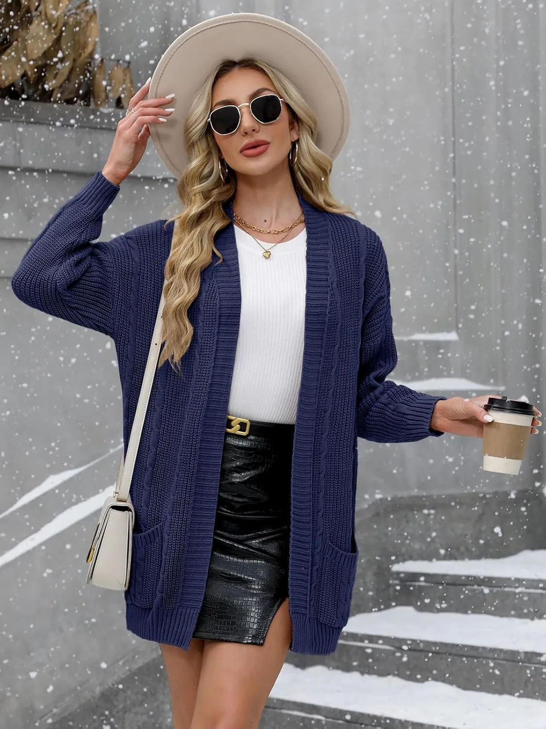 For G and PL Women's V-Neck Long Sleeve Cardigan Cable Knit Open Front with Pockets Sweater Outerwear