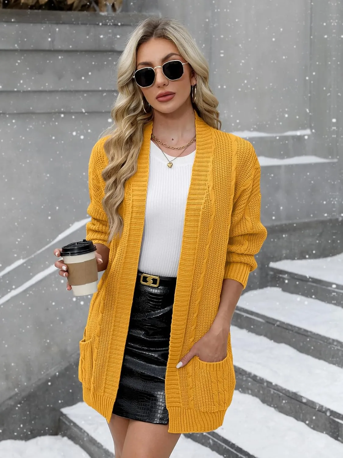 For G and PL Women's V-Neck Long Sleeve Cardigan Cable Knit Open Front with Pockets Sweater Outerwear