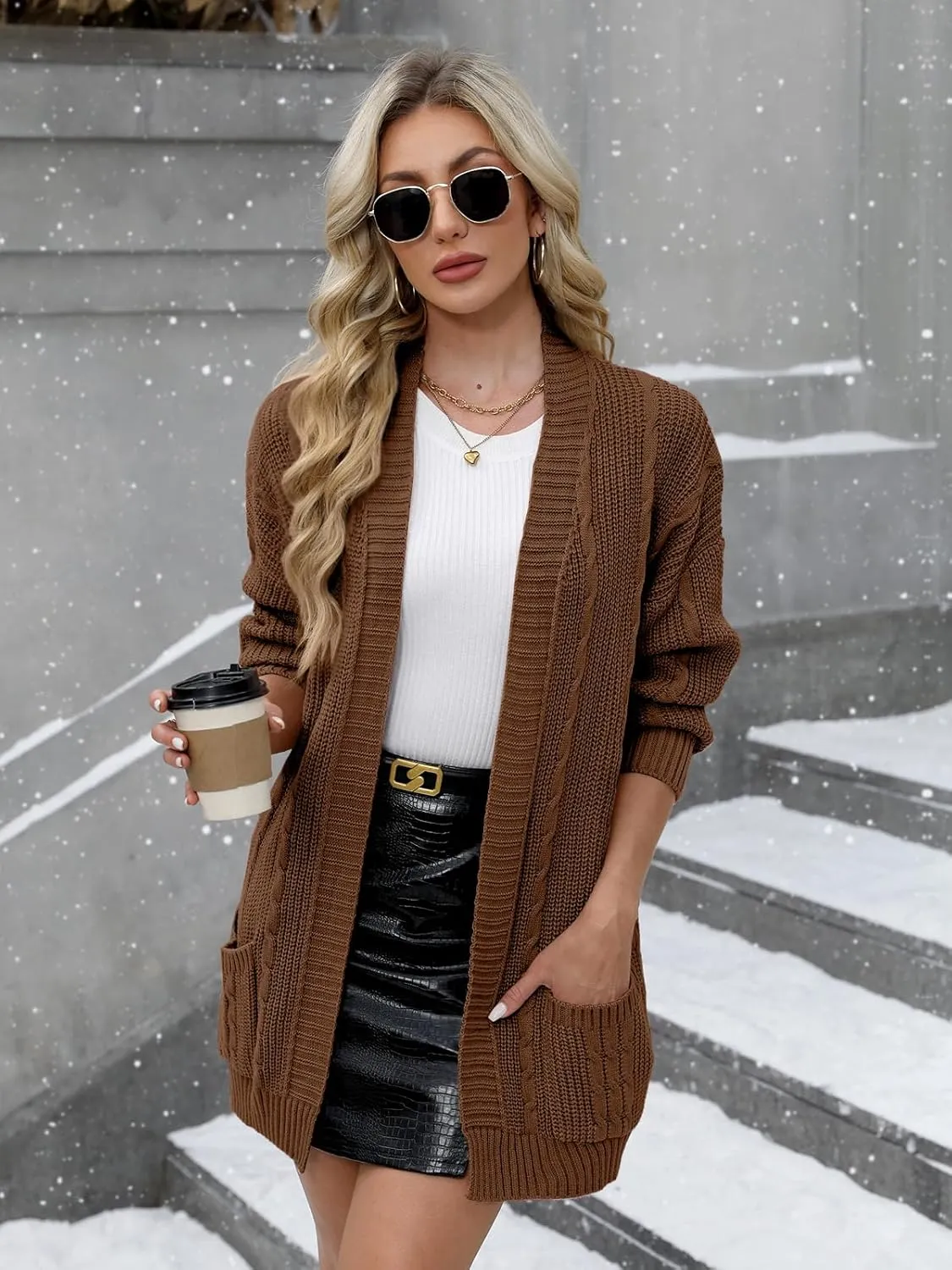 For G and PL Women's V-Neck Long Sleeve Cardigan Cable Knit Open Front with Pockets Sweater Outerwear