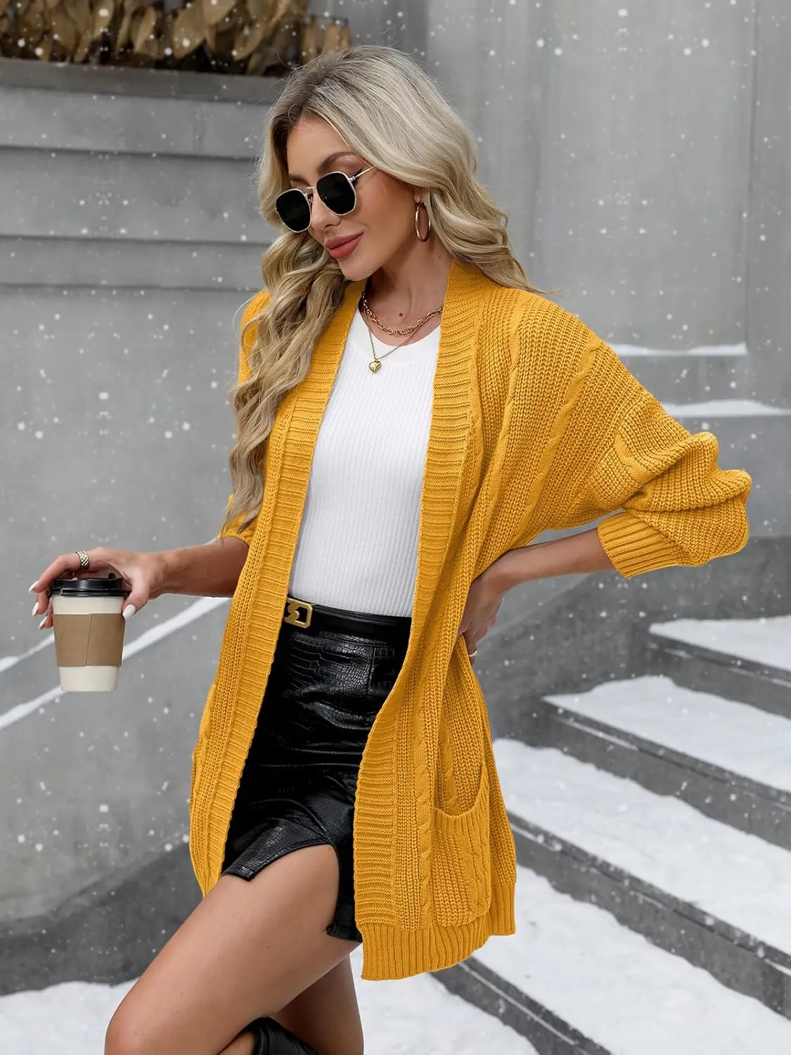 For G and PL Women's V-Neck Long Sleeve Cardigan Cable Knit Open Front with Pockets Sweater Outerwear