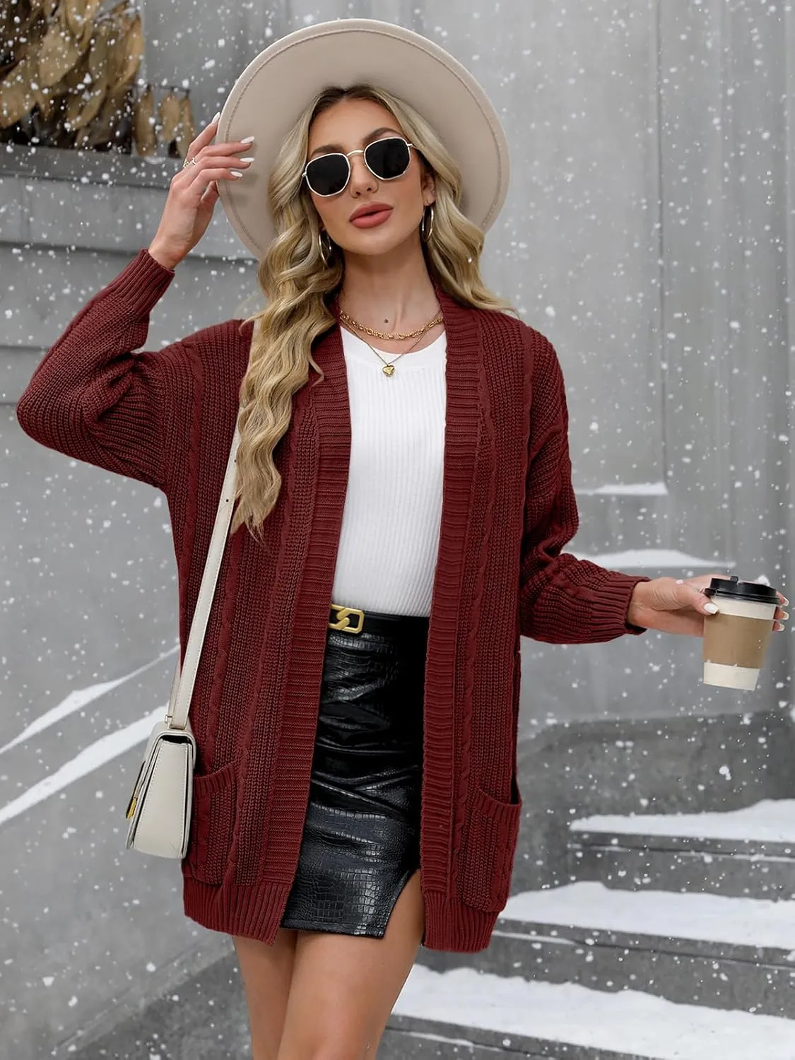 For G and PL Women's V-Neck Long Sleeve Cardigan Cable Knit Open Front with Pockets Sweater Outerwear