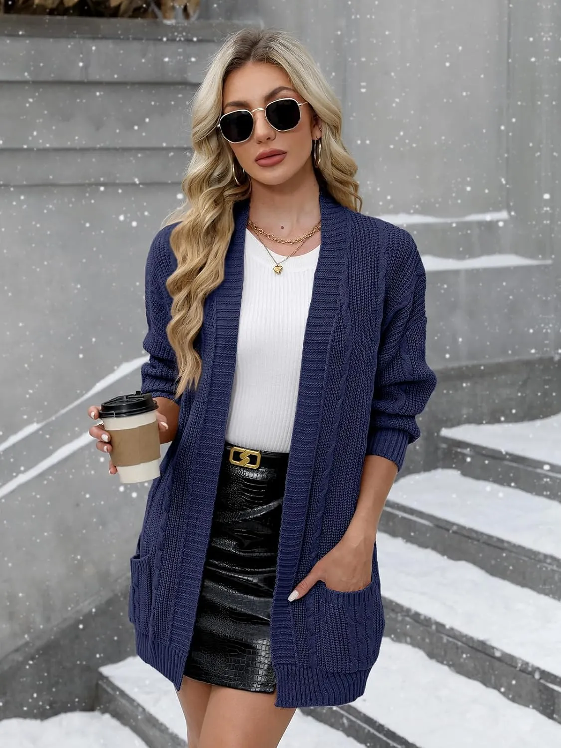 For G and PL Women's V-Neck Long Sleeve Cardigan Cable Knit Open Front with Pockets Sweater Outerwear
