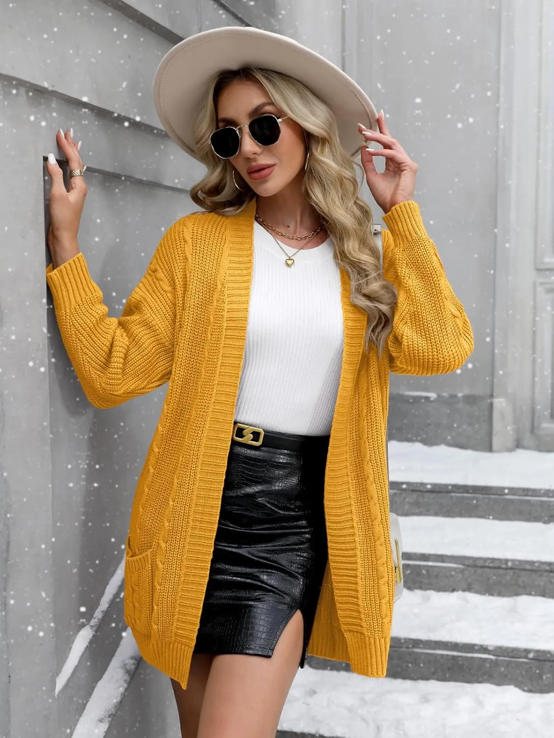 For G and PL Women's V-Neck Long Sleeve Cardigan Cable Knit Open Front with Pockets Sweater Outerwear