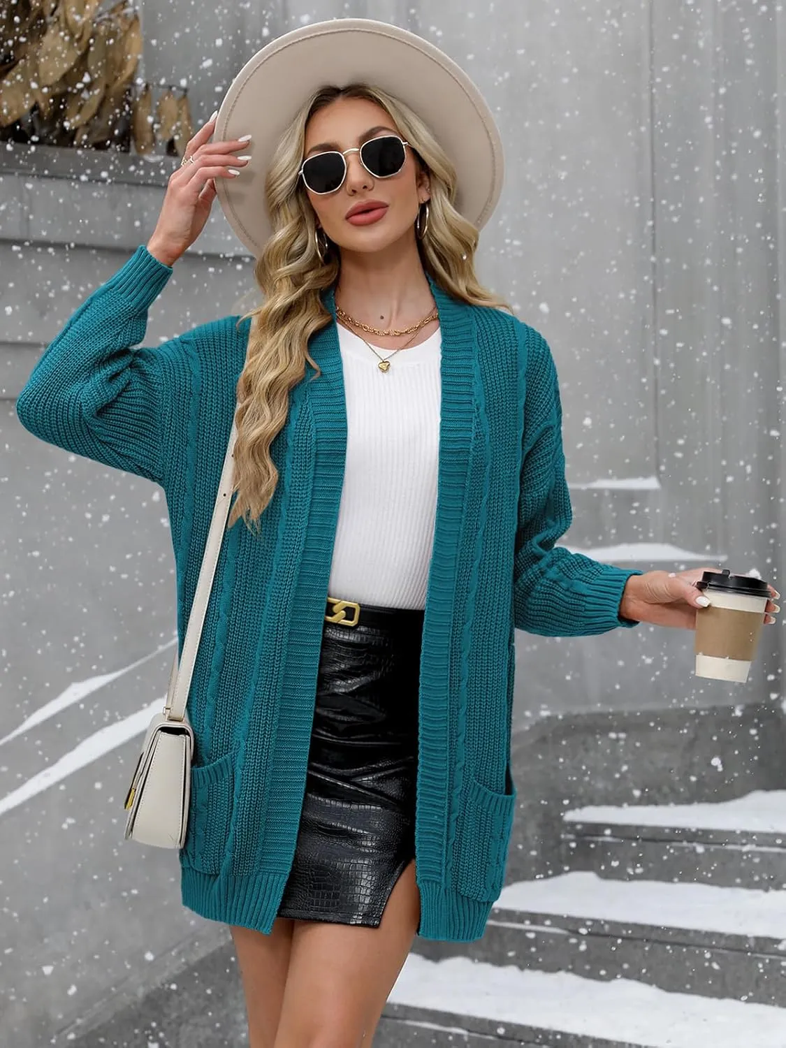 For G and PL Women's V-Neck Long Sleeve Cardigan Cable Knit Open Front with Pockets Sweater Outerwear
