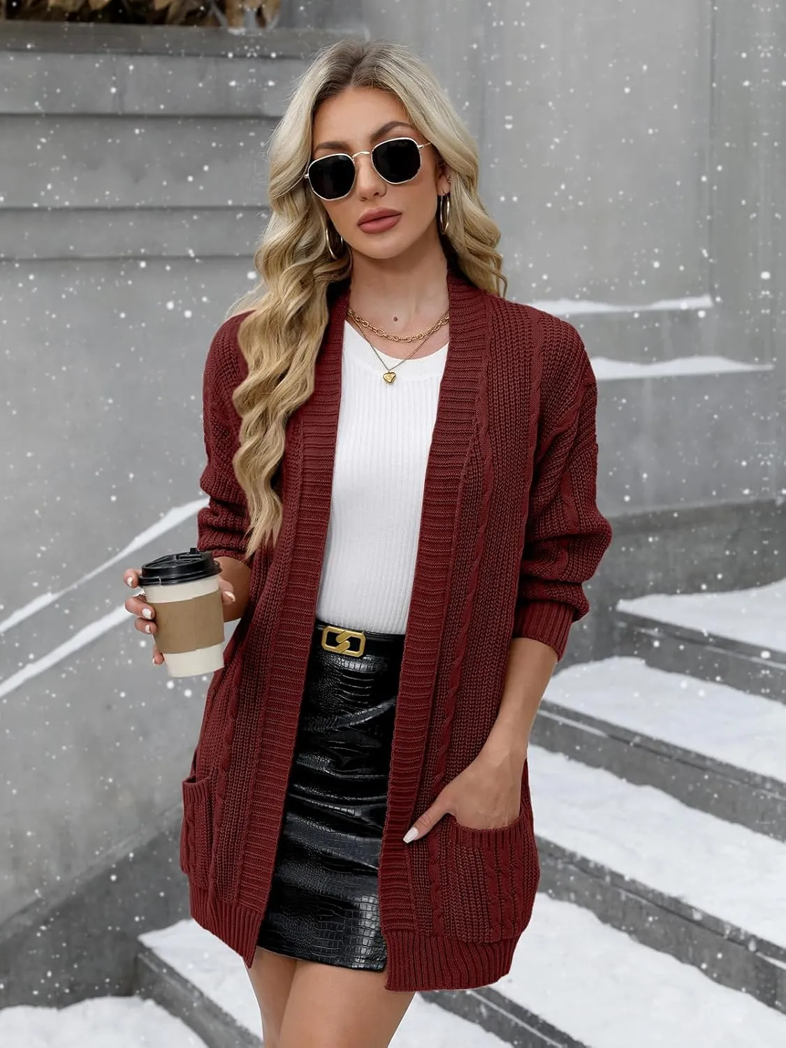 For G and PL Women's V-Neck Long Sleeve Cardigan Cable Knit Open Front with Pockets Sweater Outerwear