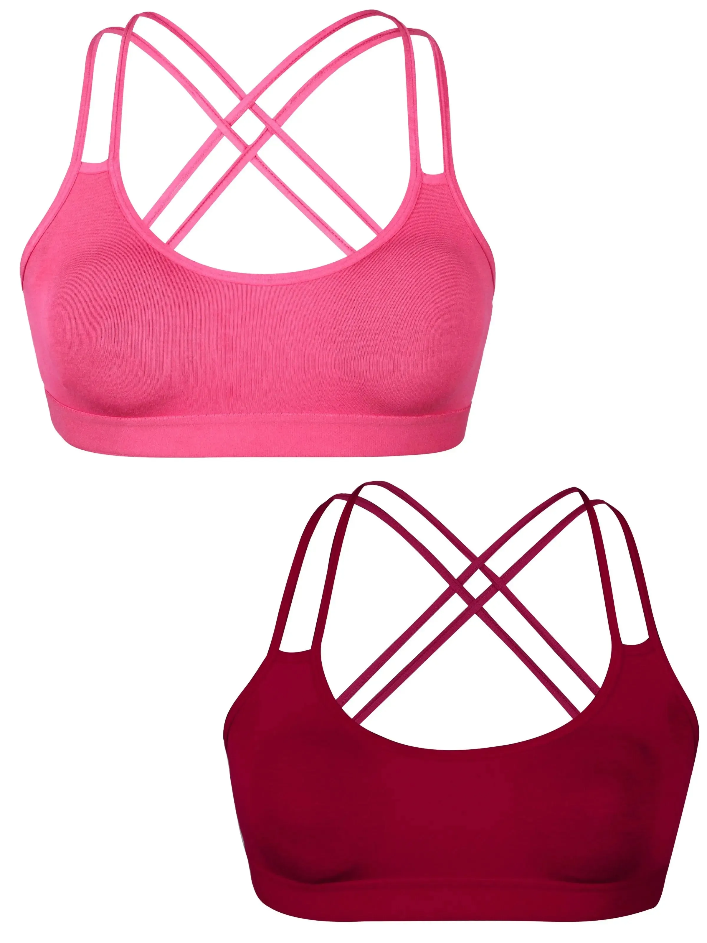 Full Coverage Criss Cross Back Sports Bra with Removable Pads, Elasticated Underband, and Supportive Cotton in Coral & Maroon
