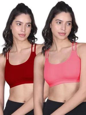 Full Coverage Criss Cross Back Sports Bra with Removable Pads, Elasticated Underband, and Supportive Cotton in Coral & Maroon