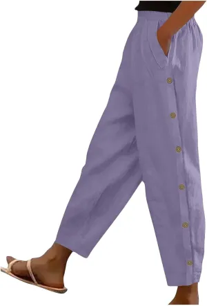 FZYLQY Linen Pants for Women 2025 High Waisted Wide Leg Trousers Trendy Striped Side Button Elastic Waist Summer Gauze Pants