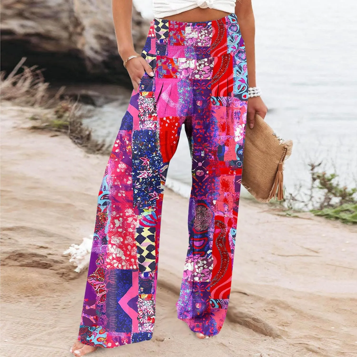 FZYLQY Wide Leg Pants for Women Dressy Button High Waisted Business Pants Summer Casual Work Beach Pants Trousers with Pocket