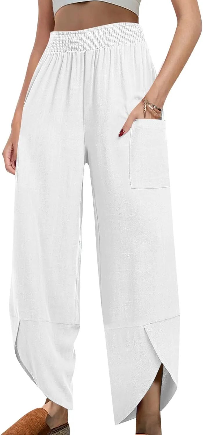 FZYLQY Womens Baggy Wide Leg Pants Casual Summer Linen Pants Elastic Waisted Casual Palazzo Harem Pants 2025 Beach Trousers