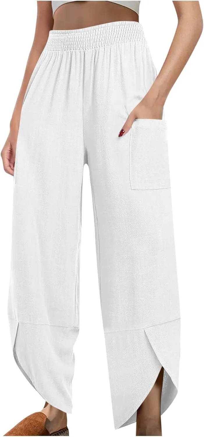 FZYLQY Womens Baggy Wide Leg Pants Casual Summer Linen Pants Elastic Waisted Casual Palazzo Harem Pants 2025 Beach Trousers