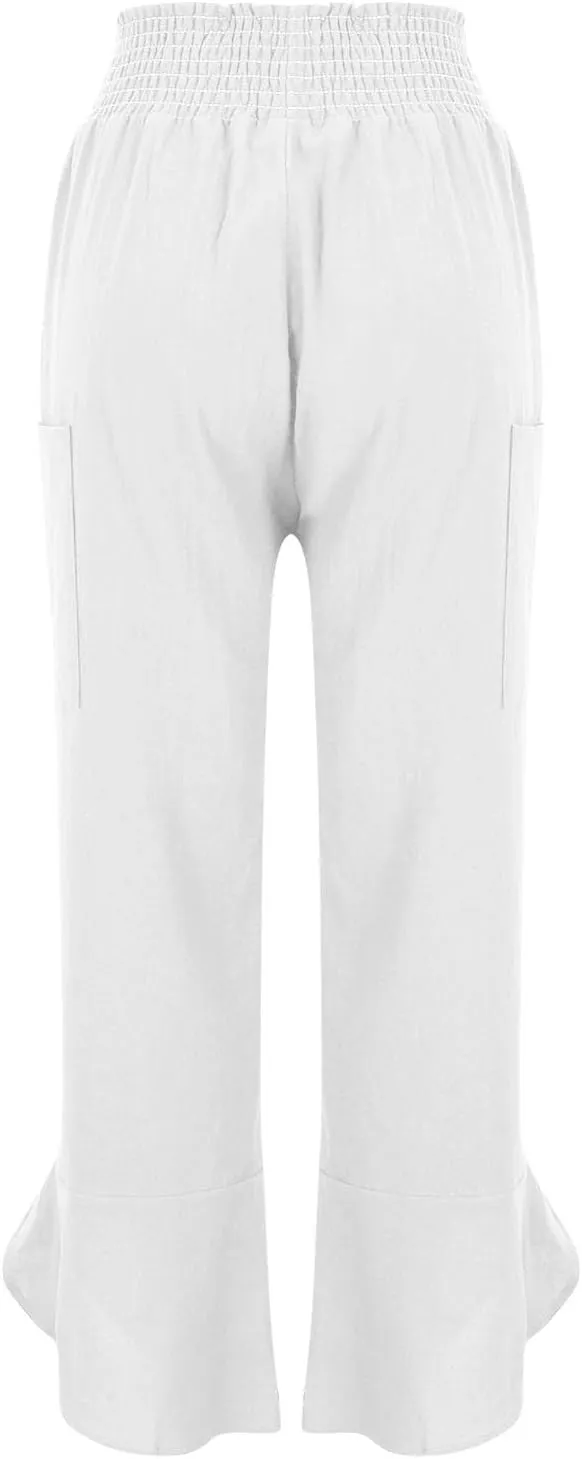 FZYLQY Womens Baggy Wide Leg Pants Casual Summer Linen Pants Elastic Waisted Casual Palazzo Harem Pants 2025 Beach Trousers