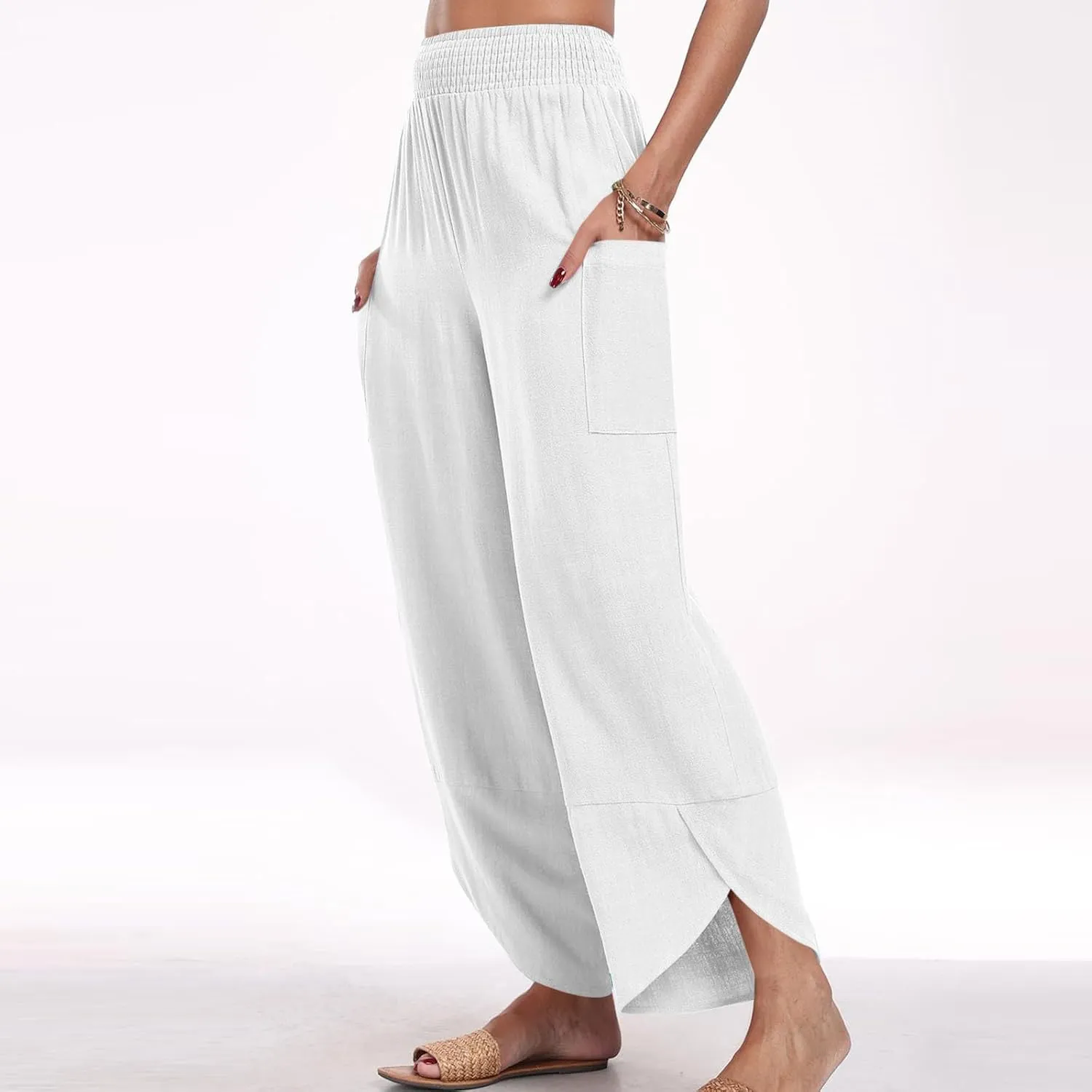 FZYLQY Womens Baggy Wide Leg Pants Casual Summer Linen Pants Elastic Waisted Casual Palazzo Harem Pants 2025 Beach Trousers