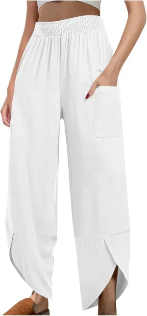 FZYLQY Womens Baggy Wide Leg Pants Casual Summer Linen Pants Elastic Waisted Casual Palazzo Harem Pants 2025 Beach Trousers