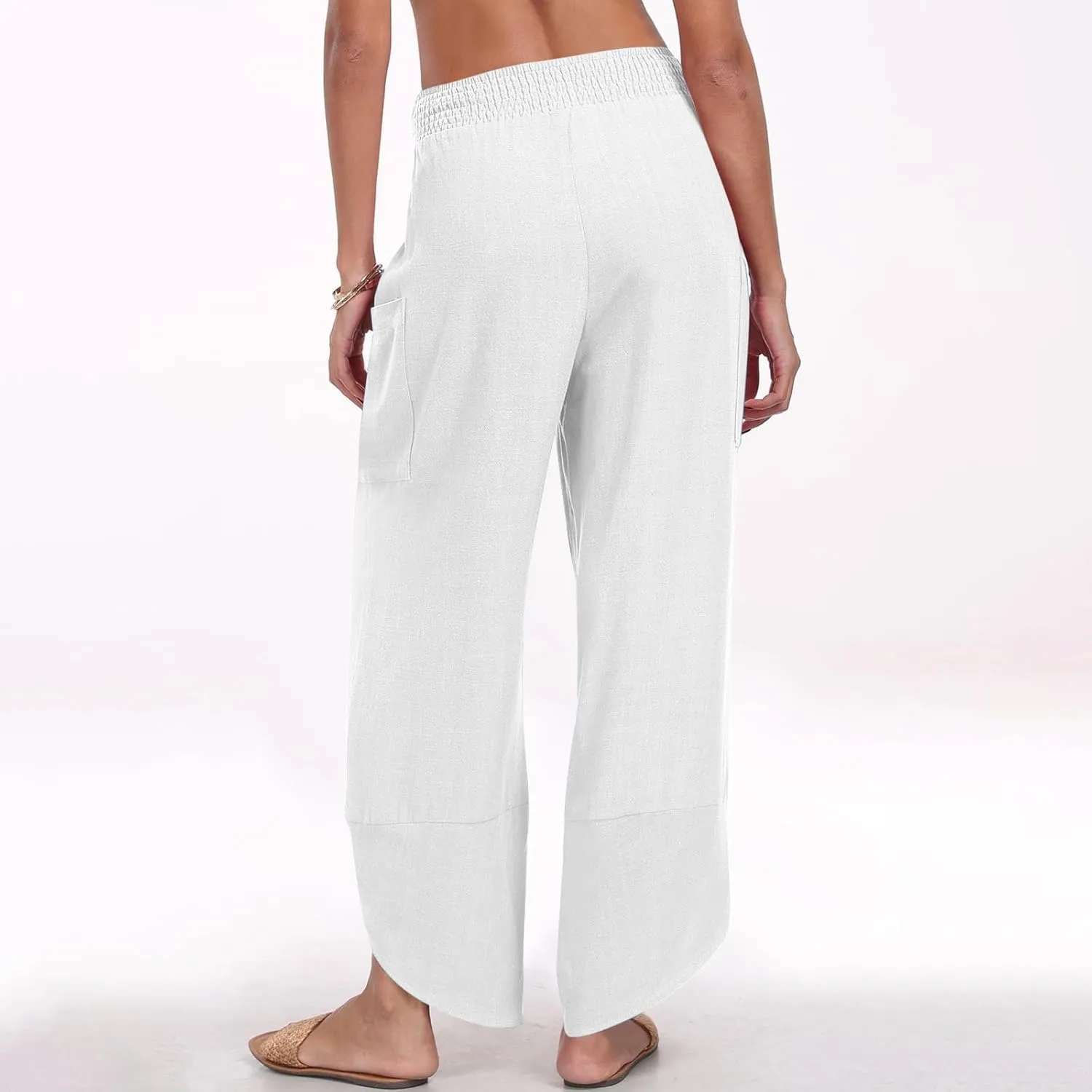 FZYLQY Womens Baggy Wide Leg Pants Casual Summer Linen Pants Elastic Waisted Casual Palazzo Harem Pants 2025 Beach Trousers