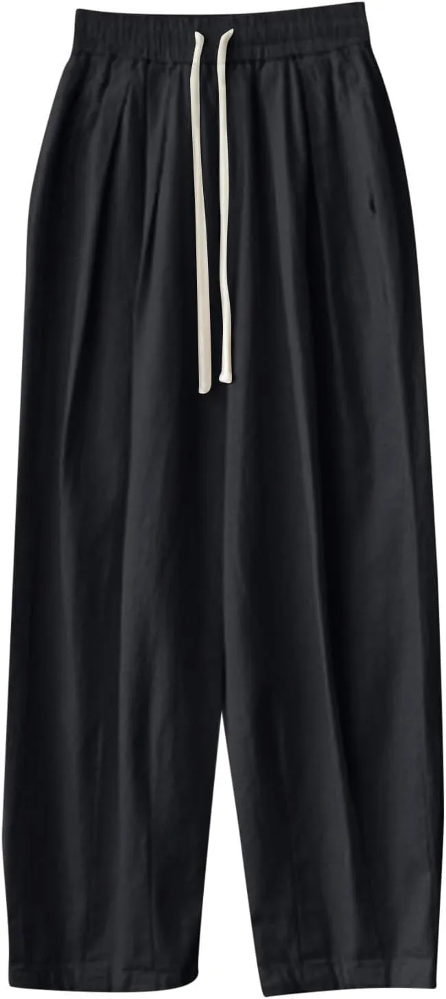 FZYLQY Women's Cotton Linen Pants Casual Baggy Harem Pants Loose Fit High Waisted Beach Drawstring Palazzo Trousers Pockets