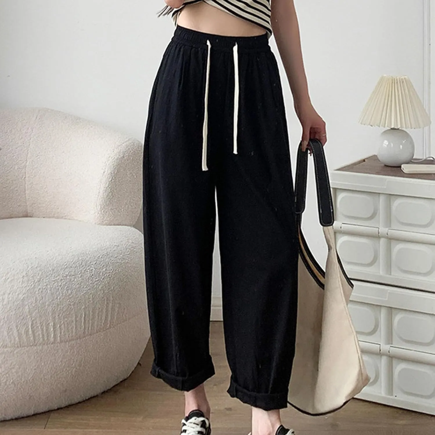 FZYLQY Women's Cotton Linen Pants Casual Baggy Harem Pants Loose Fit High Waisted Beach Drawstring Palazzo Trousers Pockets