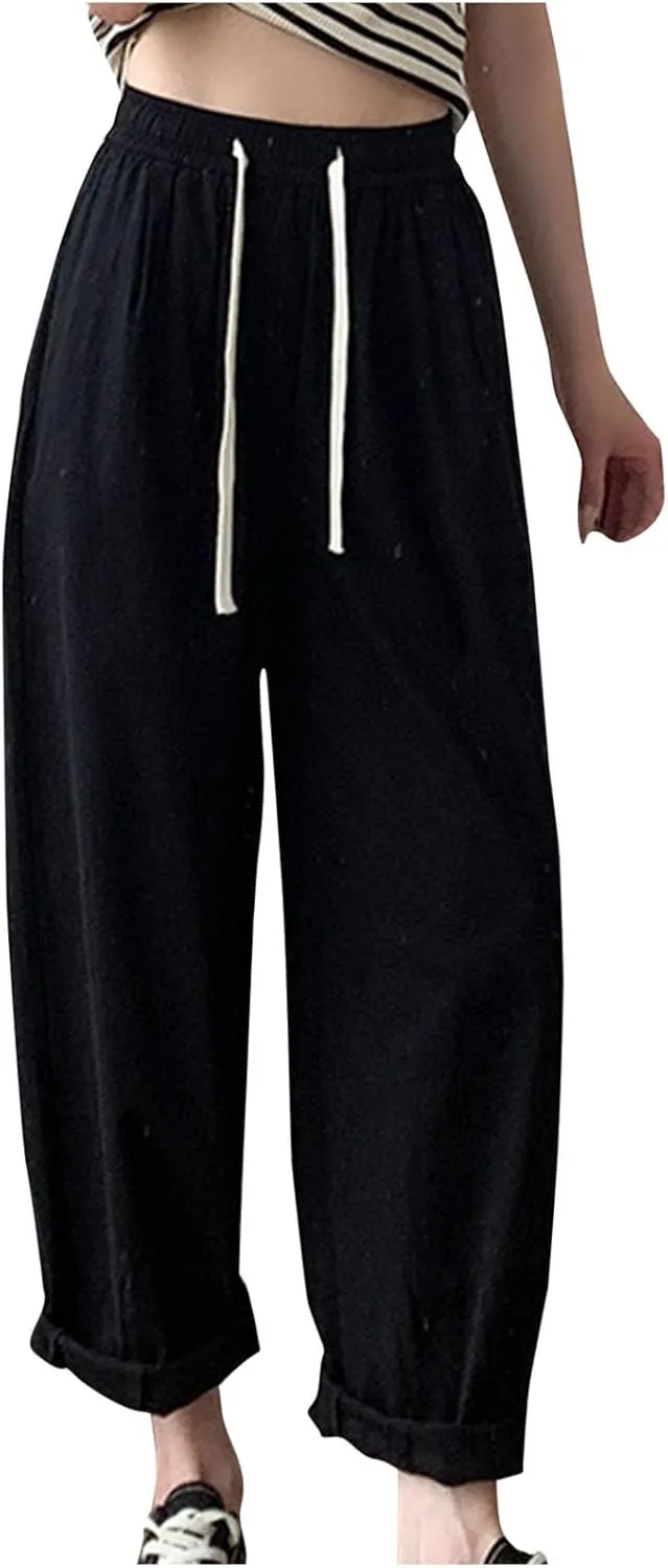 FZYLQY Women's Cotton Linen Pants Casual Baggy Harem Pants Loose Fit High Waisted Beach Drawstring Palazzo Trousers Pockets