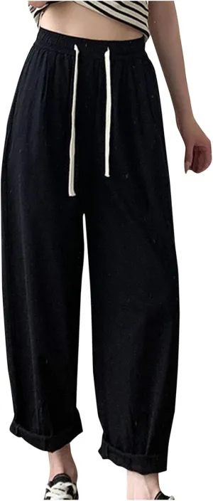 FZYLQY Women's Cotton Linen Pants Casual Baggy Harem Pants Loose Fit High Waisted Beach Drawstring Palazzo Trousers Pockets