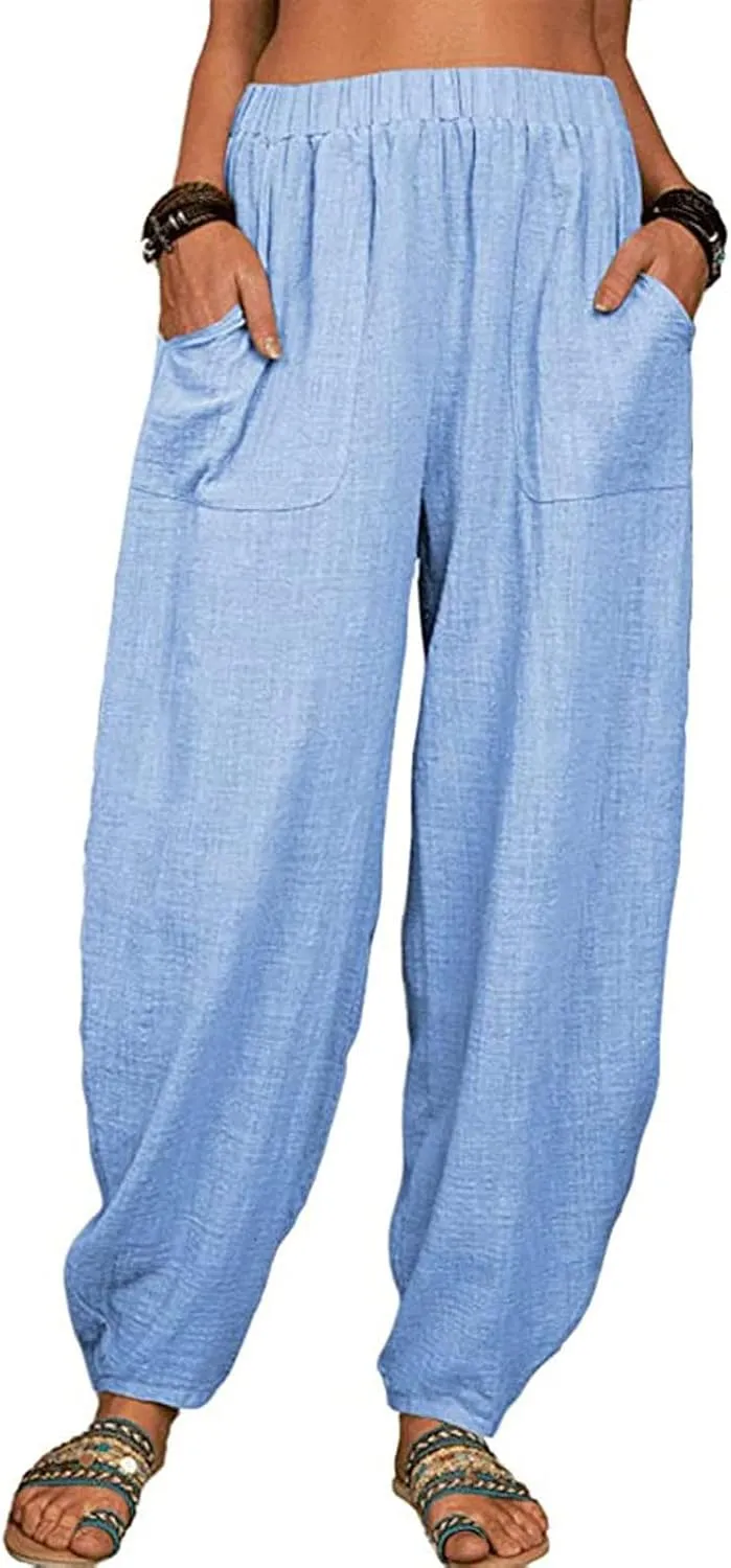 FZYLQY Womens Cotton Linen Pants Harem High Waisted Wide Leg Trousers Loose Elastic Fashion Solid Summer Pant with Pockets
