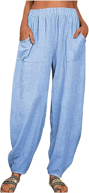 FZYLQY Womens Cotton Linen Pants Harem High Waisted Wide Leg Trousers Loose Elastic Fashion Solid Summer Pant with Pockets