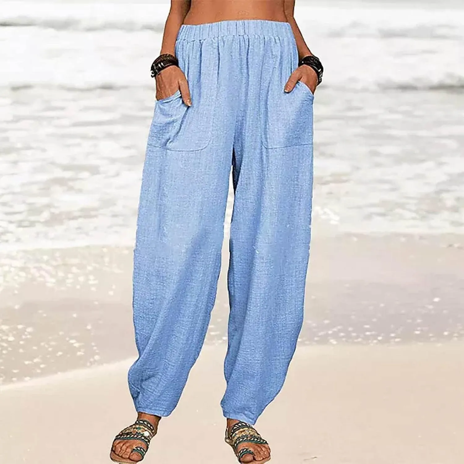 FZYLQY Womens Cotton Linen Pants Harem High Waisted Wide Leg Trousers Loose Elastic Fashion Solid Summer Pant with Pockets