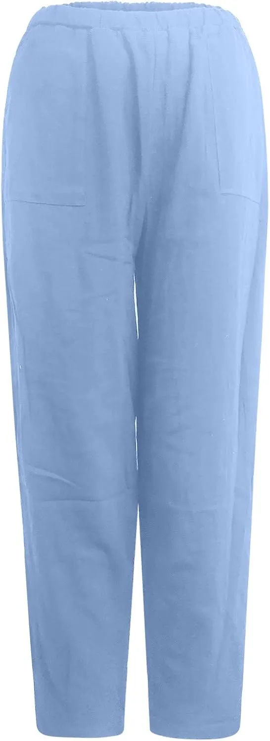 FZYLQY Womens Cotton Linen Pants Harem High Waisted Wide Leg Trousers Loose Elastic Fashion Solid Summer Pant with Pockets