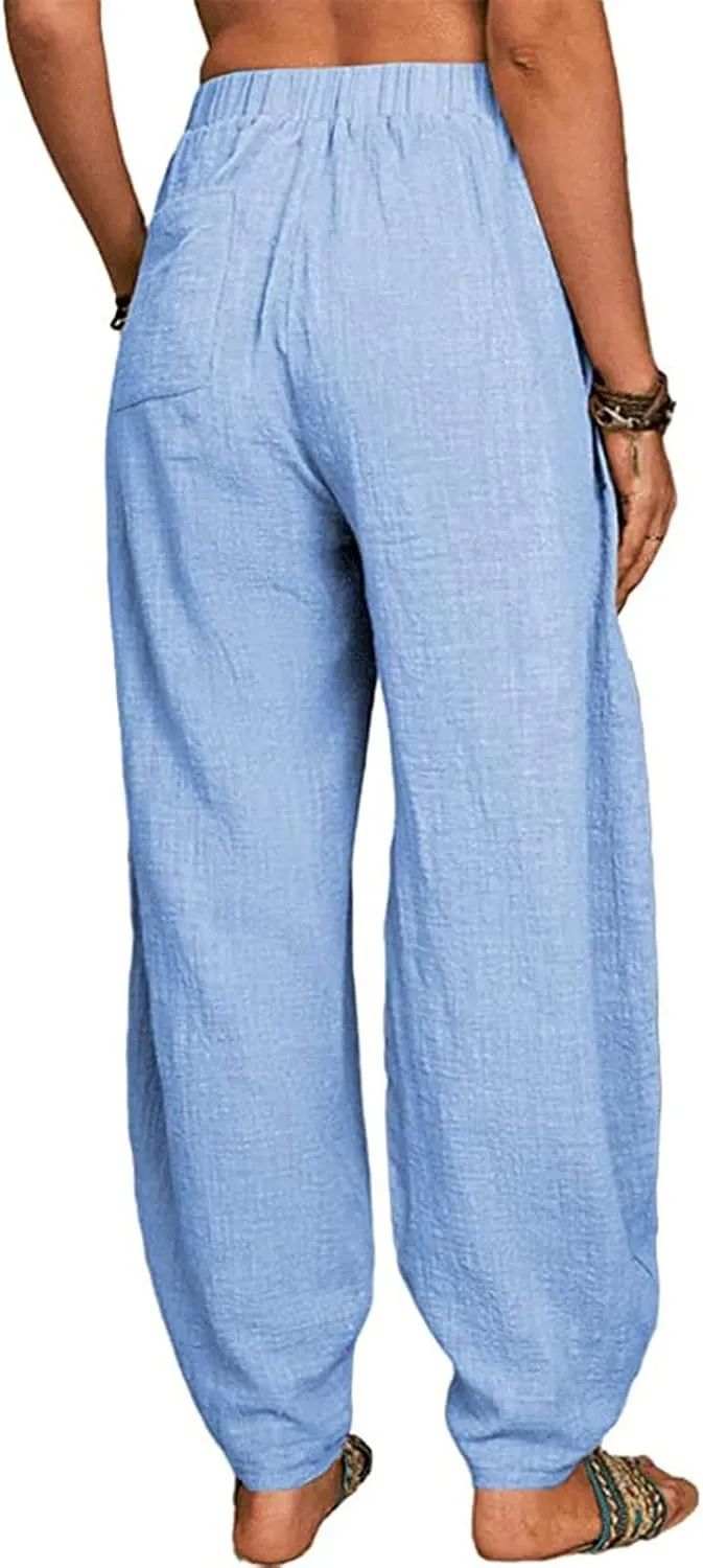 FZYLQY Womens Cotton Linen Pants Harem High Waisted Wide Leg Trousers Loose Elastic Fashion Solid Summer Pant with Pockets