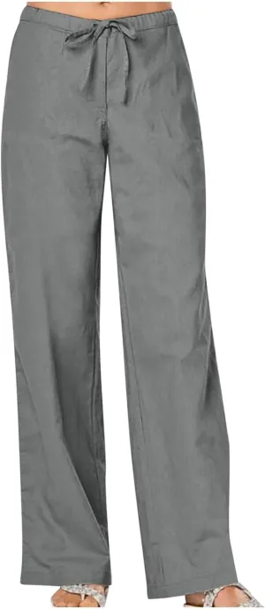 FZYLQY Women's Cotton Linen Pants, Ladies 2025 Summer Wide Leg Pants Casual Loose Elastic High Waist Palazzo Trousers