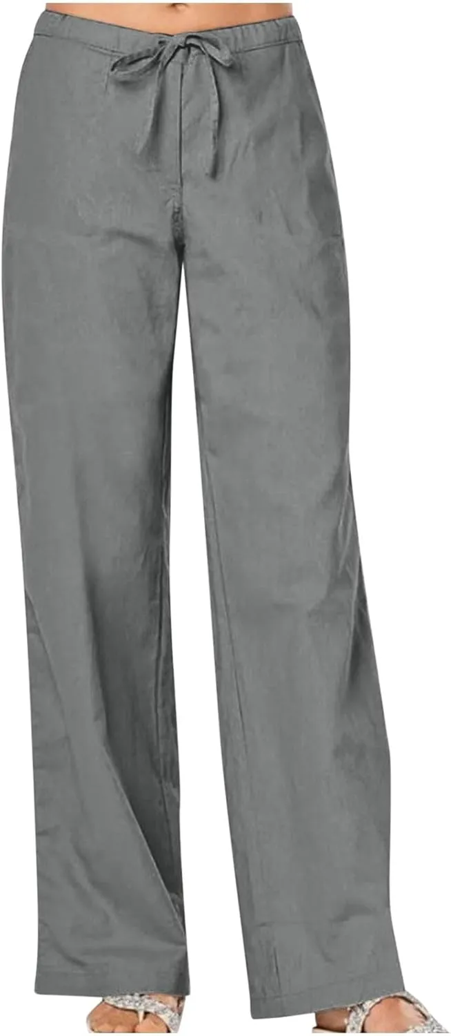 FZYLQY Women's Cotton Linen Pants, Ladies 2025 Summer Wide Leg Pants Casual Loose Elastic High Waist Palazzo Trousers