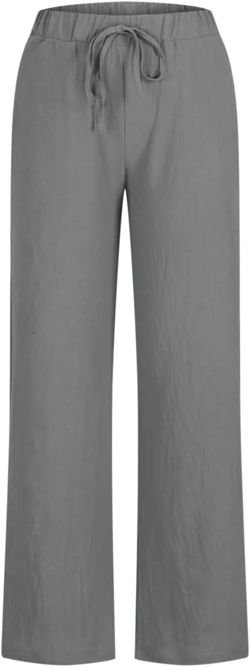 FZYLQY Women's Cotton Linen Pants, Ladies 2025 Summer Wide Leg Pants Casual Loose Elastic High Waist Palazzo Trousers