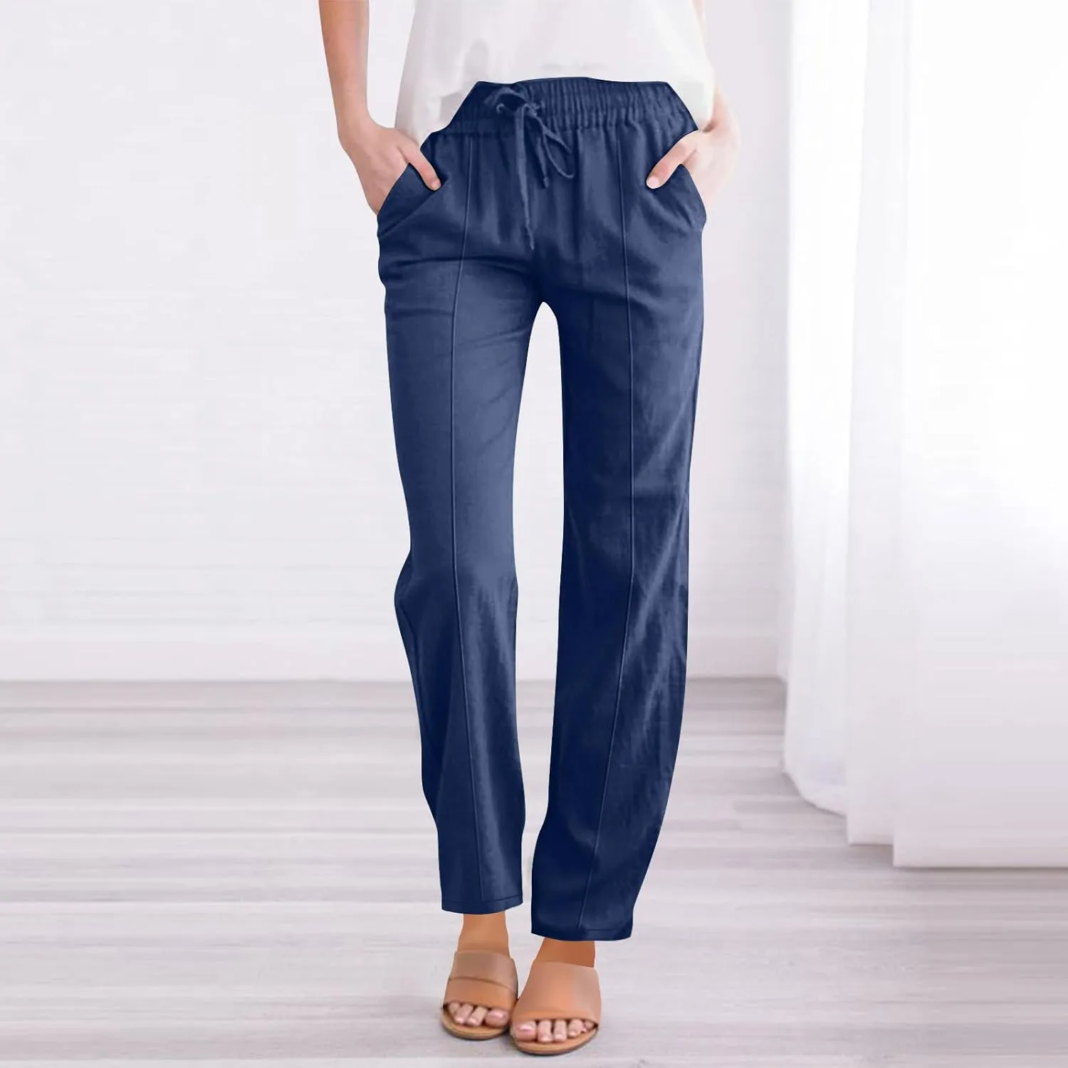 FZYLQY Womens Linen Pants 2025 Summer High Waisted Drawstring Lounge Trousers Beach Straight Wide Leg Palazzo Joggers