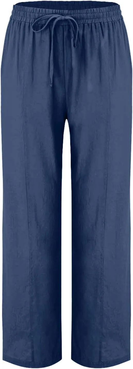 FZYLQY Womens Linen Pants 2025 Summer High Waisted Drawstring Lounge Trousers Beach Straight Wide Leg Palazzo Joggers