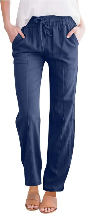 FZYLQY Womens Linen Pants 2025 Summer High Waisted Drawstring Lounge Trousers Beach Straight Wide Leg Palazzo Joggers