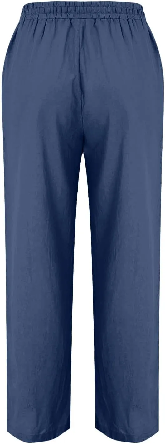 FZYLQY Womens Linen Pants 2025 Summer High Waisted Drawstring Lounge Trousers Beach Straight Wide Leg Palazzo Joggers